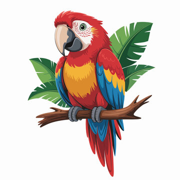 Vibrant scarlet macaw parrot perched on a branch with tropical leaves