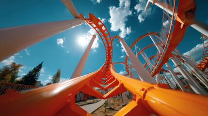 Dynamic fisheye view of orange roller coaster track curving into blue sky on sunny day