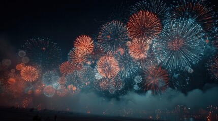 Colorful fireworks bursting in the night sky, illuminating the city skyline during a vibrant celebration filled with joy and excitement