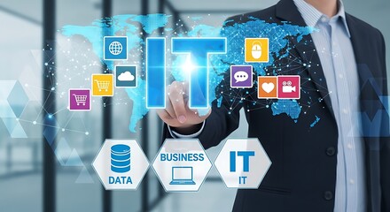 A businessman interacting with a digital interface displaying "IT" over a world map with various data and business icons.