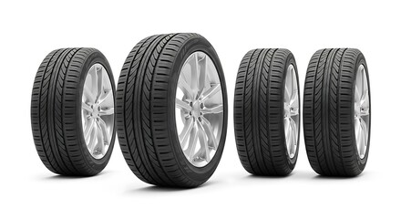 Four car tires with silver rims are arranged in a row against a plain white background.