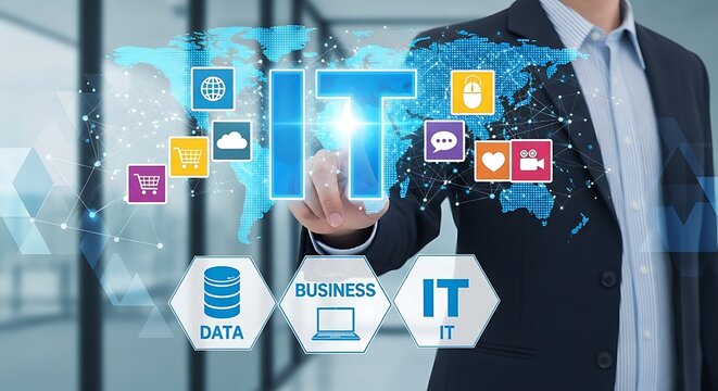 A businessman interacting with a digital interface displaying "IT" over a world map with various data and business icons.