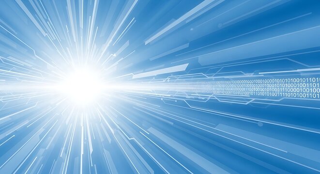 Abstract blue background with lines converging towards a bright light source, suggesting technology or data flow.