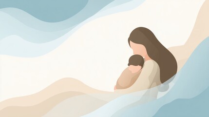 Abstract mother embracing child - female, asian, adult, parenting, love. Breastfeeding, Newborn safety, Infant care, Conscious parenting, Global Day of Parents