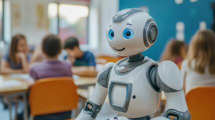 Friendly robot interacts with children in a classroom setting during a learning activity