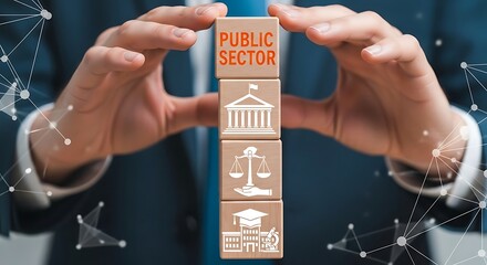 A businessman carefully holds stacked blocks representing key aspects of the public sector.