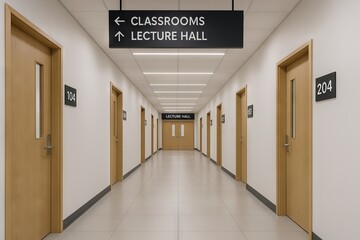 Empty university corridor with classroom and lecture hall signage in modern educational building. concept of higher education environment, academic setting, school architecture