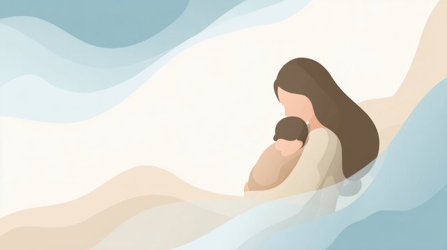 Abstract mother embracing child - female, asian, adult, parenting, love. Breastfeeding, Newborn safety, Infant care, Conscious parenting, Global Day of Parents