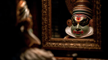 kathakali performer gazes into a mirror, Kathakali artist looking in the mirror 