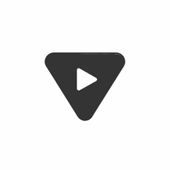 Minimalist play button icon with a downward-pointing rounded triangle. Dark grey vector graphic for video player interface design, isolated on white.
