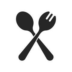 Crossed spoon and spork icon, a simple black silhouette of modern dining utensils for a restaurant or cafe.