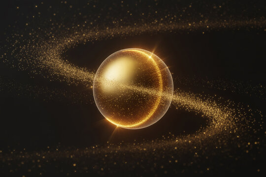 A Luminous Golden Sphere Orbited by a Swirling Trail of Glistening Particles - Powered by Adobe