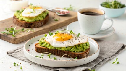 Enjoying a nutritious avocado egg sandwich and coffee in a cozy cafe for a refreshing breakfast experience