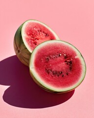 Fresh halved watermelon on vibrant pink background