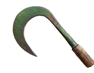 Vintage green sickle with rustic wooden handle, essential farm tool for harvesting and agriculture needs