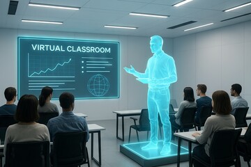 Futuristic classroom with students listening to male hologram teacher presenting data chart in virtual education environment. Concept of online learning, digital innovation, future technology