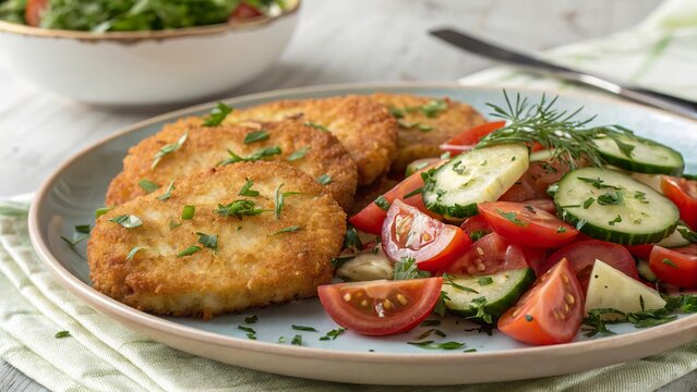 Delicious brambor ky served with fresh tomato and cucumber salad for a delightful summer meal