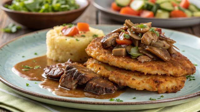 Delicious brambor ky with tender braised meat and flavorful mushroom sauce on a rustic wooden table