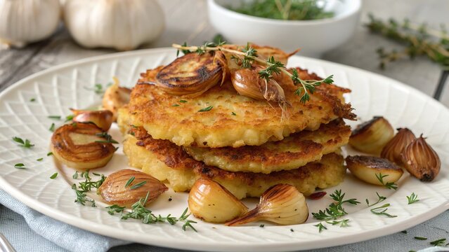 Delighting in crispy brambor ky with roasted garlic and herbs at a cozy kitchen table in the late afternoon