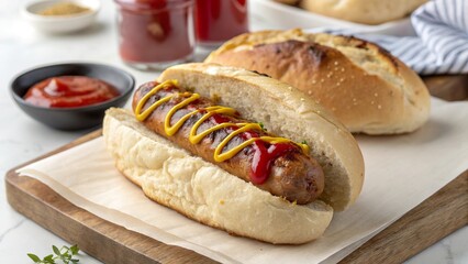 Savory bratwurst nestled in a soft bun, topped with mustard and ketchup ready for summer grilling enjoyment