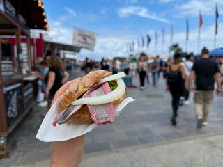 Traditional north german street food snack wheat bun with marinated herring matjes fish with onion...