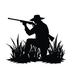 Man in cowboy hat aiming rifle silhouette in tall grass