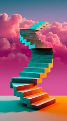 Abstract winding staircase twisting in air under pink cloudscape at sunset