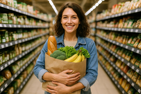 Smiling woman with eco-friendly grocery bag in organic store aisle. concept of sustainable living, healthy eating, environmentally conscious shopping - Powered by Adobe