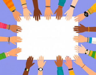 Diverse Hands Holding Blank White Sign, Unity Concept Illustration