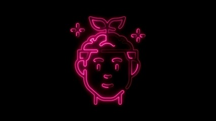 Pink neon illustration of a head with sprouting plant on black background
