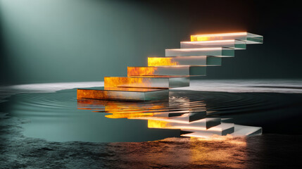 Floating staircase over reflective water surface in dark illuminated space