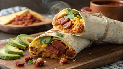 Hearty breakfast burrito with chorizo served alongside fresh avocado slices in a delightful morning spread