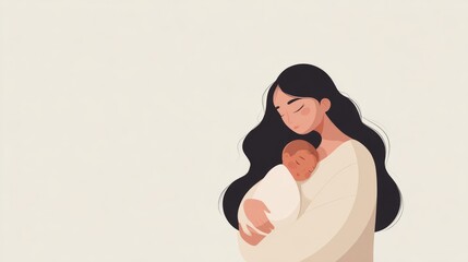 Peaceful scene of young hispanic mother holding her sleeping infant. Single Parent Day. Baby shower. Minimal parenting art, skin-to-skin. World Breastfeeding Week, Day of Parents
