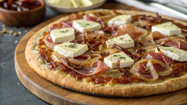 Delicious brie and prosciutto pizza topped with caramelized onions, perfect for a cozy evening at home