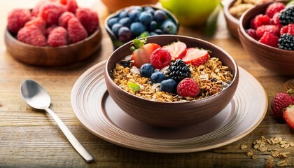 close up of a breakfast bowl with berries and granola on a wooden table with other fruit bowls