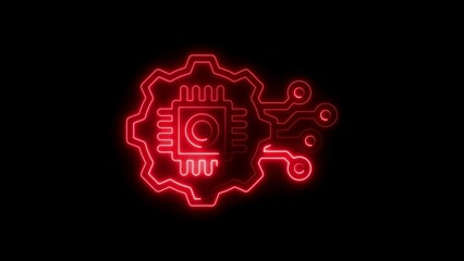 Red Neon Circuit Board Gear Icon on Black Background