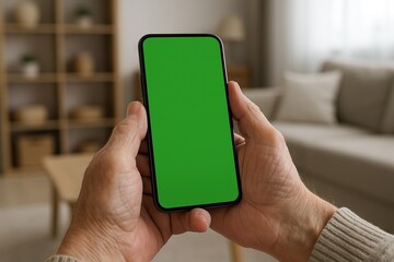 Older adult holding smartphone with green screen at home interior setting. concept of technology, mobile use, home environment, mockup, Chroma key, copy space