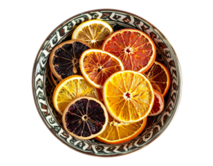 Vibrant dried citrus slices in decorative bowl create a warm, inviting and healthy vibe