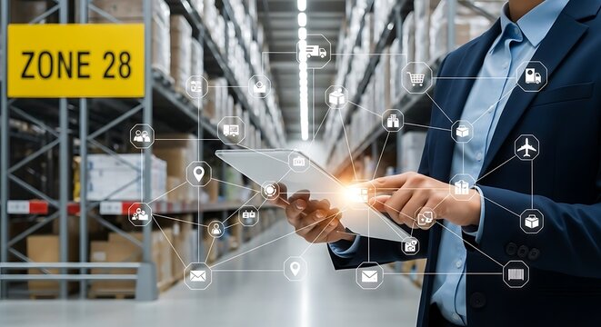 A business professional using a tablet in a warehouse, managing logistics and inventory.