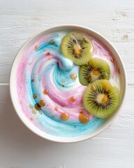 Colorful swirled yogurt with kiwi slices and honey drizzle on white background