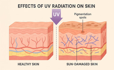 Obraz premium Illustration of uv effects on skin showing healthy skin versus sun damaged skin with pigmentation spots. concept of skin health, uv radiation awareness, dermatology education