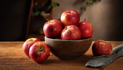 rustic bowl of organic red apples on wooden table