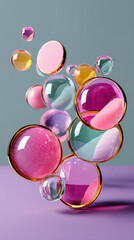 Composition of floating glossy pastel nail-like forms with vivid shine and dimensional color effects