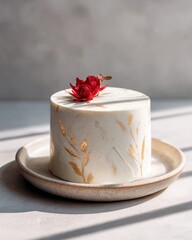 Elegant white cake with gold accents and red flower decor on ceramic plate