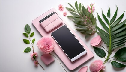 flat lay of digital devices and greenery on a white surface pink accents