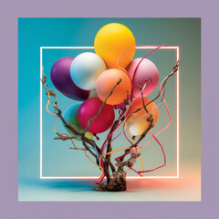 Bright collection of round balloon-like shapes on wooden branches in abstract visual art composition