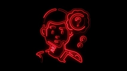 Red neon outline of a person thinking with a question mark thought bubble