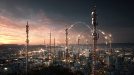 Urban communication towers at sunset with network connections