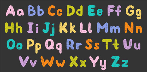 Crayon alphabet doodle set. Chalk pencil font, school wax kid letters in sketch style. Hand drawn vector illustration isolated on black background.