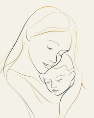 Abstract line art of mother and child embrace